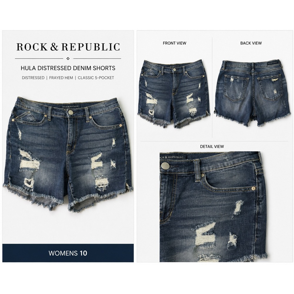 Rock & Republic Hula Distressed Denim Shorts Blue R311074 Womens 10